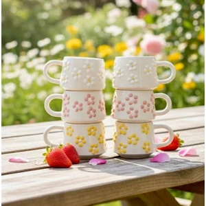 El Yapımı Beyaz Pembe Sarı Papatya Desenli 6'lı Seramik Kupa Bardak 200 ml