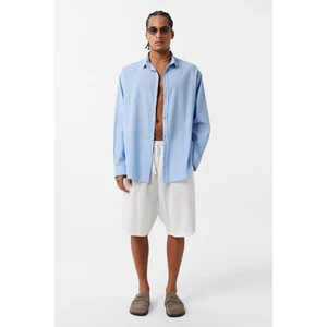 Basic Oversize Pamuk  Keten Gömlek Mavi