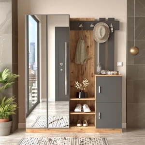 L'occi Concept Wood Aynalı Askılı Kapaklı Vestiyer Portmanto Ayakkabılık Çam-Gri