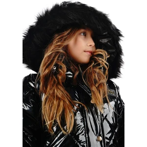 Parlak Kız Çocuk Siyah Kürk Kapüşonlu Mont Su ve Rüzgar Geçirmez Içi Welsoftlu