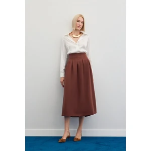 Pileli Midi Etek - Kahve