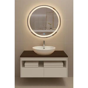 Aurora 80CM Banyo Dolabı Seti (Yuvarlak Ledli Dokunmatik Ayna + Mdf Lavabo Dolabı + Seramik Lavabo)