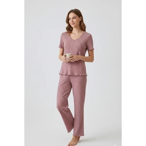 Elemge Kadın Bambulu Mevsimlik Pijama Takımı Gül Kurusu Regular Fit Alt Üst Takım Kısa Kol Lastikli Esnek V Yaka 2'li Takım Cepsiz