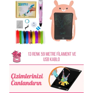 ORH MARKET 3D Kalem USB Kablolu PEMBE Üç Boyutlu Yazıcı Kalem ve PEMBE Tavşan Grafik Tablet Set - 59 Metre Filament
