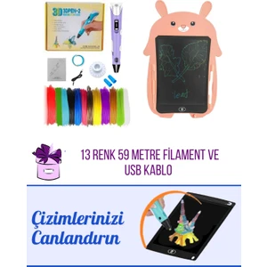 ORH MARKET 3D Kalem USB Kablolu MOR Üç Boyutlu Yazıcı Kalem ve PEMBE Tavşan Grafik Tablet Set - 59 Metre Filament