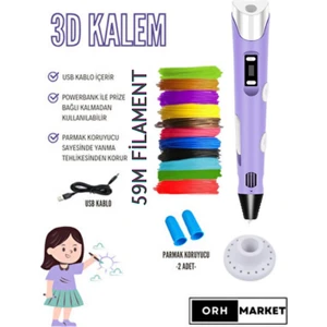 ORH MARKET 3D Kalem USB Kablolu Üç Boyutlu Yazıcı Kalem Printer-Mor (Çok Renkli Filament -59METRE-)