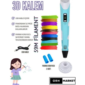 ORH MARKET 3D Kalem USB Kablolu Üç Boyutlu Yazıcı Kalem Printer-Mavi (Çok Renkli Filament -59METRE-)