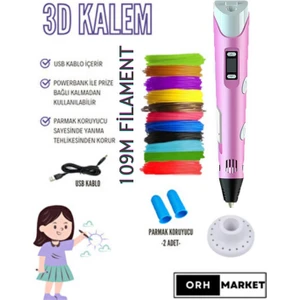 ORH MARKET 3D Kalem USB Kablolu Üç Boyutlu Yazıcı Kalem Printer-Pembe (Çok Renkli Filament -109METRE-)