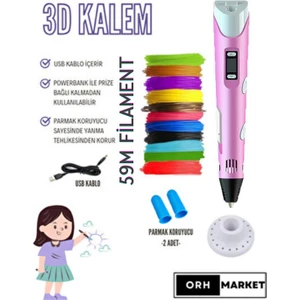 ORH MARKET 3D Kalem USB Kablolu Üç Boyutlu Yazıcı Kalem Printer-Pembe (Çok Renkli Filament -59METRE-)