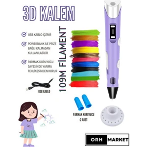 ORH MARKET 3D Kalem USB Kablolu Üç Boyutlu Yazıcı Kalem Printer-Mor (Çok Renkli Filament -109METRE-)