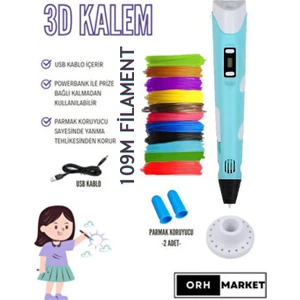 ORH MARKET - 3D Kalem USB Kablolu Üç Boyutlu Yazıcı Kalem Printer-Mavi (Çok Renkli -109METRE-)