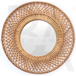Bohem Amour Yuvarlak Çapraz Desenli Bambu Rattan Ayna