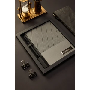 Kişiye Özel Hediyelik Kutulu Siyah Kalemli Çizgili 180 Sayfa Gri Deri Not Defteri