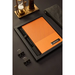Kişiye Özel Hediyelik Kutulu Siyah Kalemli Çizgili 180 Sayfa Turuncu Deri Not Defteri