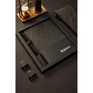 Kişiye Özel Hediyelik Kutulu Siyah Kalemli Çizgili 180 Sayfa Siyah Deri Not Defteri