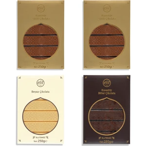 Kuvertür Sütlü Çikolata (2), Bitter Çikolata (1) ve Beyaz Çikolata(1) 250g 4lü Set Glutensiz