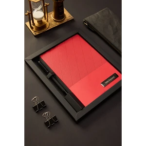 Kişiye Özel Hediyelik Kutulu Siyah Kalemli Çizgili 180 Sayfa Kırmızı Deri Not Defteri