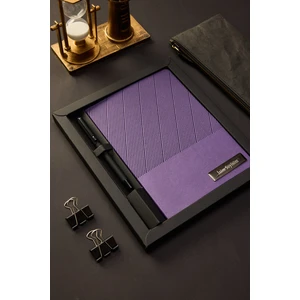 Kişiye Özel Hediyelik Kutulu Siyah Kalemli Çizgili 180 Sayfa Mor Deri Not Defteri