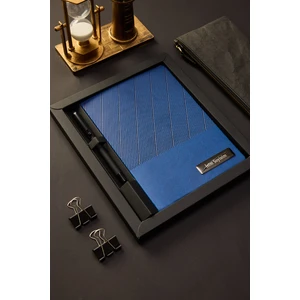 Kişiye Özel Hediyelik Kutulu Siyah Kalemli Çizgili 180 Sayfa Lacivert Deri Not Defteri
