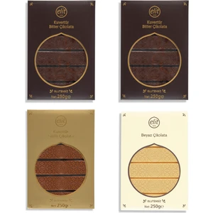 Kuvertür Bitter Çikolata (2), Sütlü Çikolata (1) ve Beyaz Çikolata (1) 250g 4'lü Set (4x250g) Glutensiz