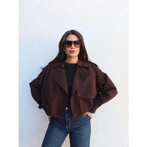 Kruvaze Yaka Düğmeli Kısa Trench