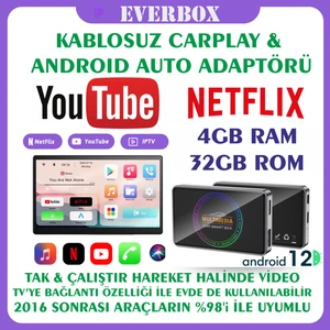 Everbox Y2 Carplay & Android Auto Box, 4GB+32GB Youtube Netflix Hareket Halinde Video Gps,hdmı Tv Bağlantı