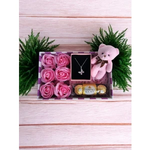 MARMORİ PEMBE KELEBEK ÇELİK KOLYE PEMBE PELUŞ AYICIK ÇİKOLATA SEVGİLİYE ARKADAŞA HEDİYE SETİ
