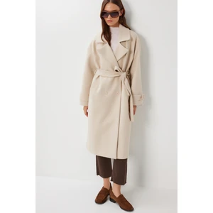 Kruvaze Yaka Kuşaklı Kaşe Kaban LDW0007 Krem