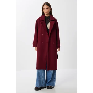 Kruvaze Yaka Kuşaklı Kaşe Kaban LDW0007 Bordo