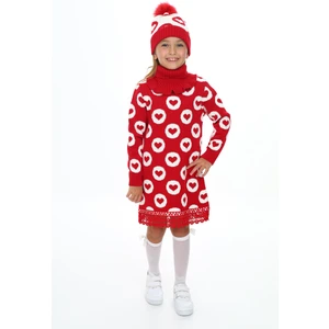Kız Çocuk Kışlık Elbise Kalp Desenli Dantelli Bere ve Boyunluklu 3'lü Takım