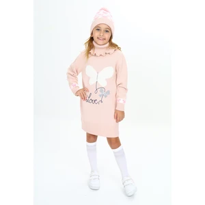 Kız Çocuk Kışlık Elbise Kelebek Işlemeli Bere ve Boyunluklu 3'lü Takım