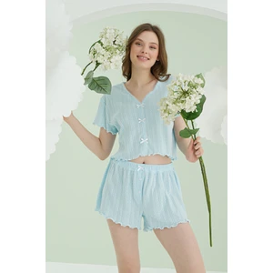 Nbb Mavi Ribbon Şortlu Pijama Takımı