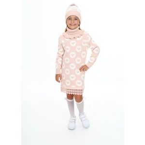Kız Çocuk Kışlık Elbise Kalp Desenli Dantelli Bere ve Boyunluklu 3'lü Takım
