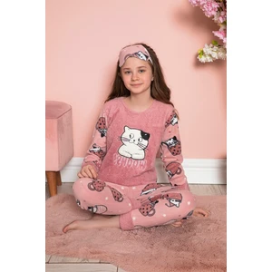 Kız Çocuk Welsoft Kumaş-Göz Bantlı Kedicik Baskılı Pijama Takımı 12282