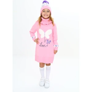 Kız Çocuk Kışlık Elbise Kelebek Işlemeli Bere ve Boyunluklu 3'lü Takım