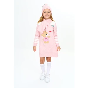 Kız Çocuk Kışlık Elbise Balon Tutan Ayıcık Işlemeli Bere ve Atkılı 3'lü Takım