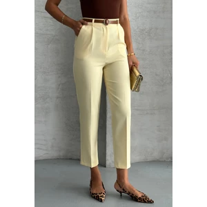 Kadın Dar Paça Pileli Kemerli Mevsimlik Kumaş Pantolon Sarı Sarı / 42
