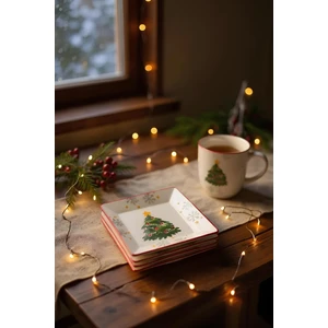 Yılbaşı 6'lı Ağaç Desenli Kare Servis Tabağı - 23 cm - Seramik - Handmade