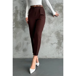 Kadın Dar Paça Pileli Kemerli Mevsimlik Kumaş Pantolon Kahve Kahve / 36