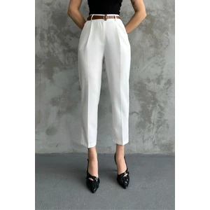 Kadın Dar Paça Pileli Kemerli Mevsimlik Kumaş Pantolon Beyaz Beyaz / 36
