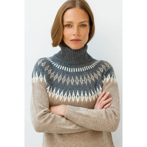 Kadın Tam Balıkçı Yaka Robası Baklavalı Yün Kazak K.bej