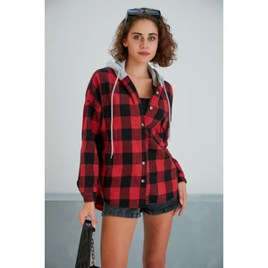 Kadın Kırmızı Siyah Oduncu Oversize Ceket Gömlek