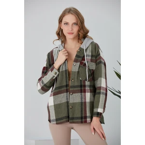 Kadın Çok Renkli Haki Oduncu Oversize Kapüşonlu Ceket Gömlek