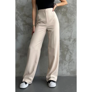 Kadın Yeni Sezon Yüksek Bel Klasik Krem Kumaş Pantolon Krem / S