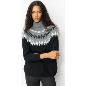 Kadın Tam Balıkçı Yaka Robası Baklavalı Yün Kazak Siyah