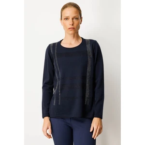 Kadın Sıfır Yaka Sim Çizgili Taşlı Yün Bluz K.lacivert