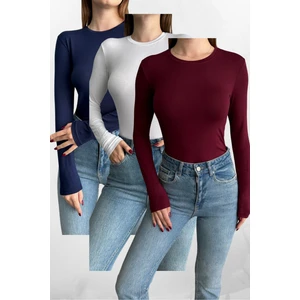 Lacivert-Beyaz-Bordo 3'lü Bisiklet Yaka Basic Uzun Kollu Body Lacivert-Beyaz-Bordo / Standart