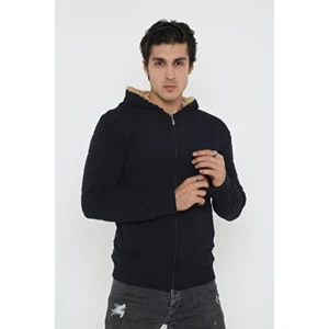 KMK Kombin Erkek Spor Hırka Kapşonlu İçi Kürklü Düz Triko Kumaş Dar Kalıp