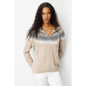 Kadın Kapüşonlu Robası Baklavalı Hırka K.bej