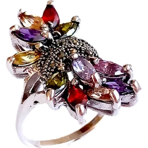 18 Ayar Altın Kaplama Gökkuşağı Mix Taşlı Elegant Tasarım Kadın Gümüş Yüzük